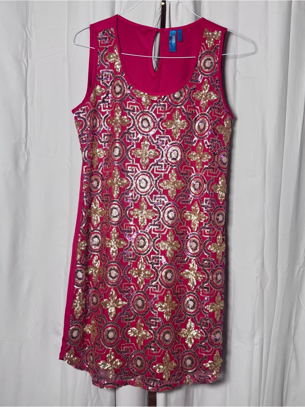 Buttons Red/Purple/Gold Sequin Shift Sleeveless Dress Sz M